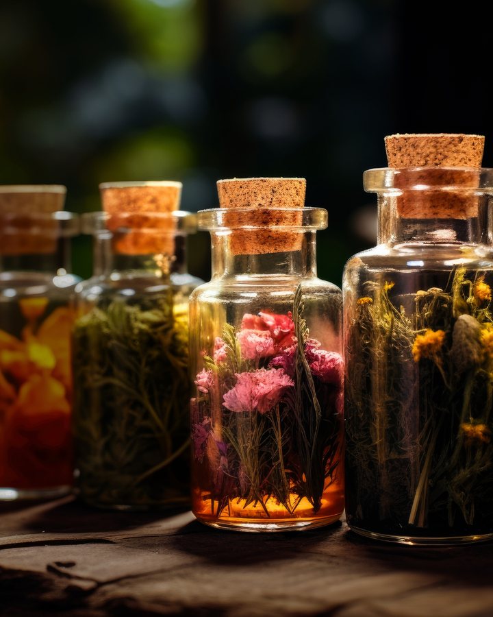 Glass jars of dried flowers steeping in oil